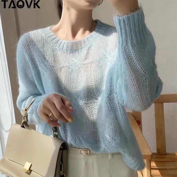 

TAOVK полые футболки, вязаный свитер, ранняя весна, свободный свитер в ленивом стиле, повседневный топ в рубчик, футболки с круглым вырезом и длинными рукавами