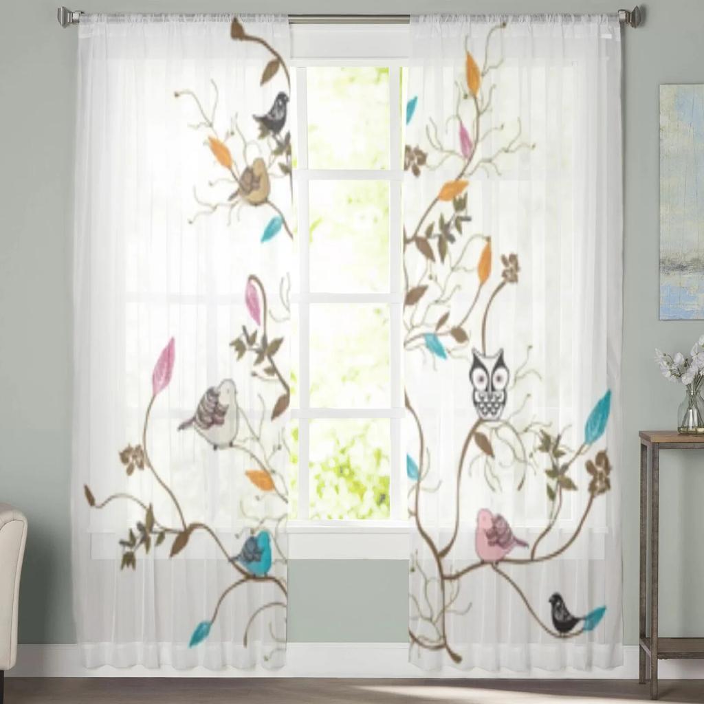 Cortinas transparentes de pássaros em galhos para sala de estar, quarto infantil, cortinas de tule, tratamento de janela de cozinha
