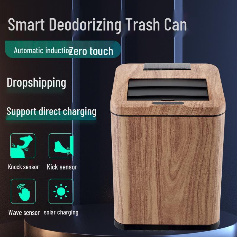 Wood Grain Smart Induction Trash Can for Home Sorting