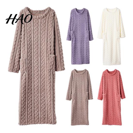 Lyxig Jacquard Loungewear Damflanell Nattlinne Fluffigt Plysch Varm Rundhalsad Lång Sovkläder Lös Vintertröja Nattlinne med Fickor