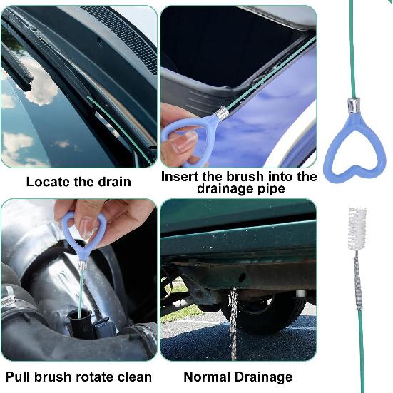 Sunroof Drain Cleaning Tool, 118in Long Wire Pipe Cleaner with 2 Straight Flexible Cleaning Brushes Heart Handle Design Drain Snake Unclogger Hole