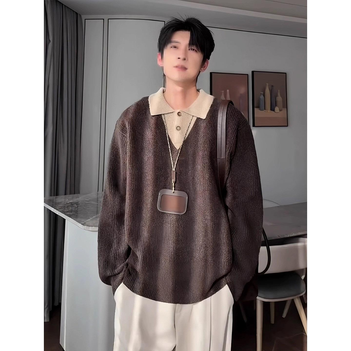 Old Qian Men s V-Neck Two-Piece Knit Polo Sweater - Autumn/Winter Relaxed Style M