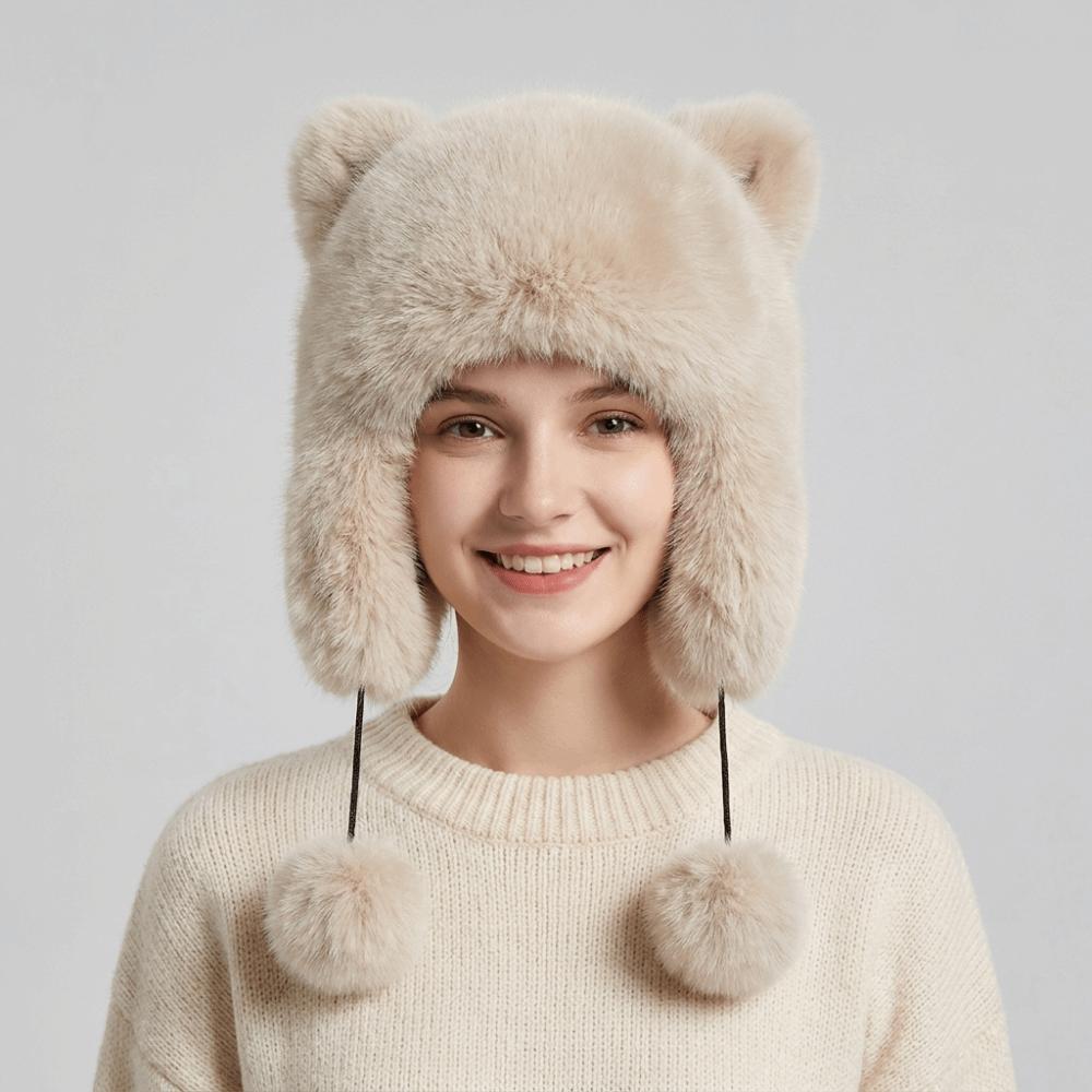 Windproof Raccoon Hat Solid Color Ear Protection Hat Fashion Faux Fur Beanie Daily Wear