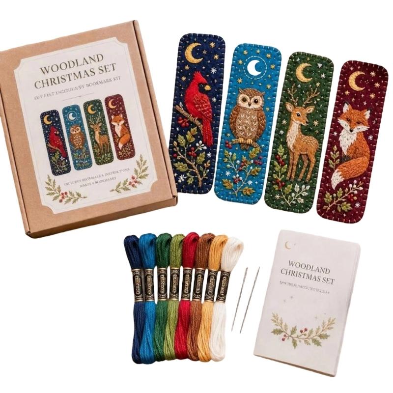 Handmade Christmas Embroidery Page Markers, with Step-by-Step Instruction Needle Thread for Book Lover Holiday Gift