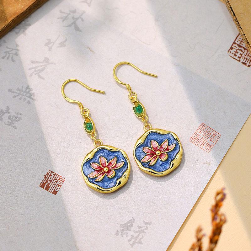 Elegant Water Lily Enamel Stud Earrings: Retro 925 Sterling Silver Needle with Chinese Style Electroplated Gold