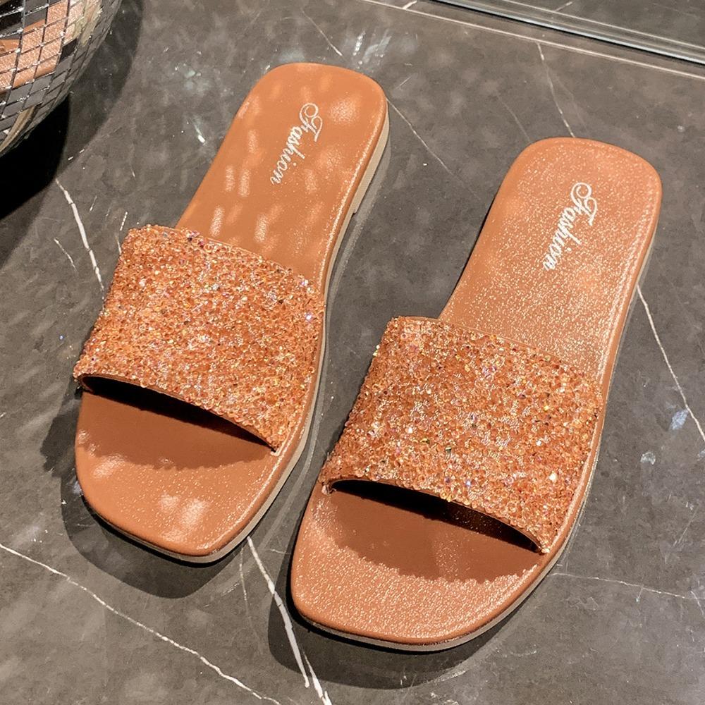 Ciabatte a Fondo Piatto da Donna Nuovo Stile 2026 Moda Strass Calzature da Esterno Antiscivolo Fondo Morbido Ciabatte da Spiaggia a Una Fascia