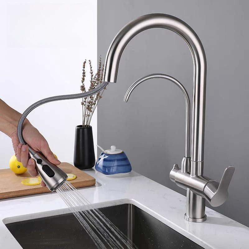 Nickel/Svart 304 Rostfritt Stål Utdragbar Kökskran Dubbelhandtag Enhål Vattenrenare Tvätt Varmt Och Kallt Handfatkran