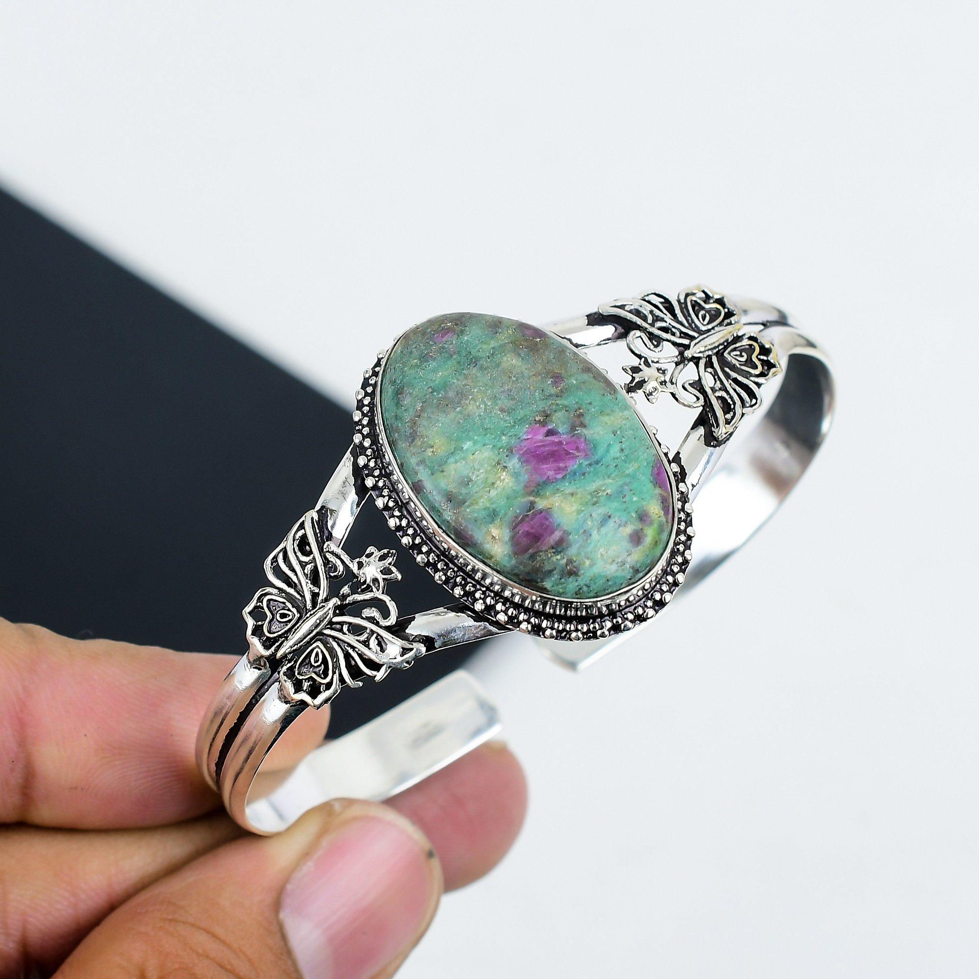 

Изящный браслет-манжета из стерлингового серебра 925 пробы с драгоценным камнем рубин-фуксит, браслет с рубиновым фукситом, для жены, браслет унисекс, подарок на день рождения для любимой 6 зелёный