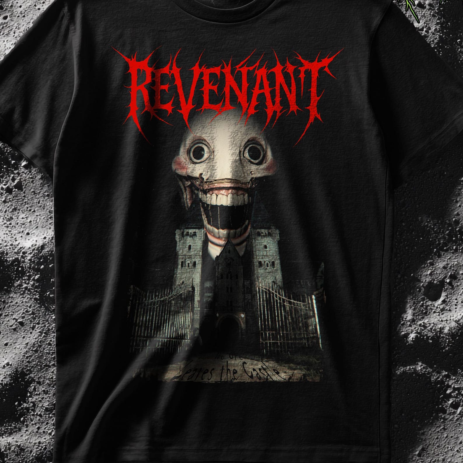 Revenant Horror T-Shirt Creepy Castle Monster Tee with Distorted Smile S