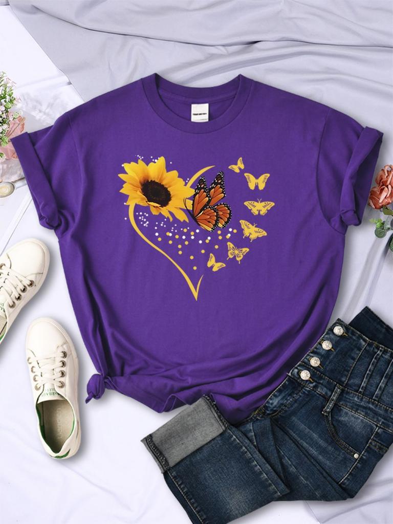 Einfache Damen T-Shirts Sonnenblumen Schmetterlinge Herz-Aufdrucke Kurzarm Bequem Weich O-Ausschnitt Oberteile Sommer Lässig Damenkleidung