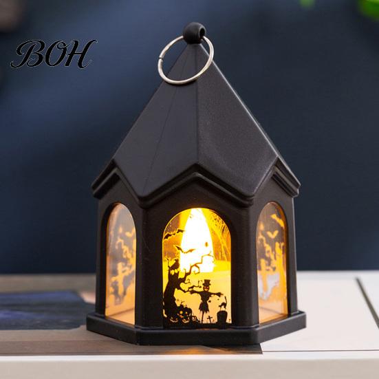 Witch And Ghost Stickers Halloween Pumpkin Lantern, Gothic House Shape LED Flickering Candle Light Portable Hanging Lamps for Party, Spooky