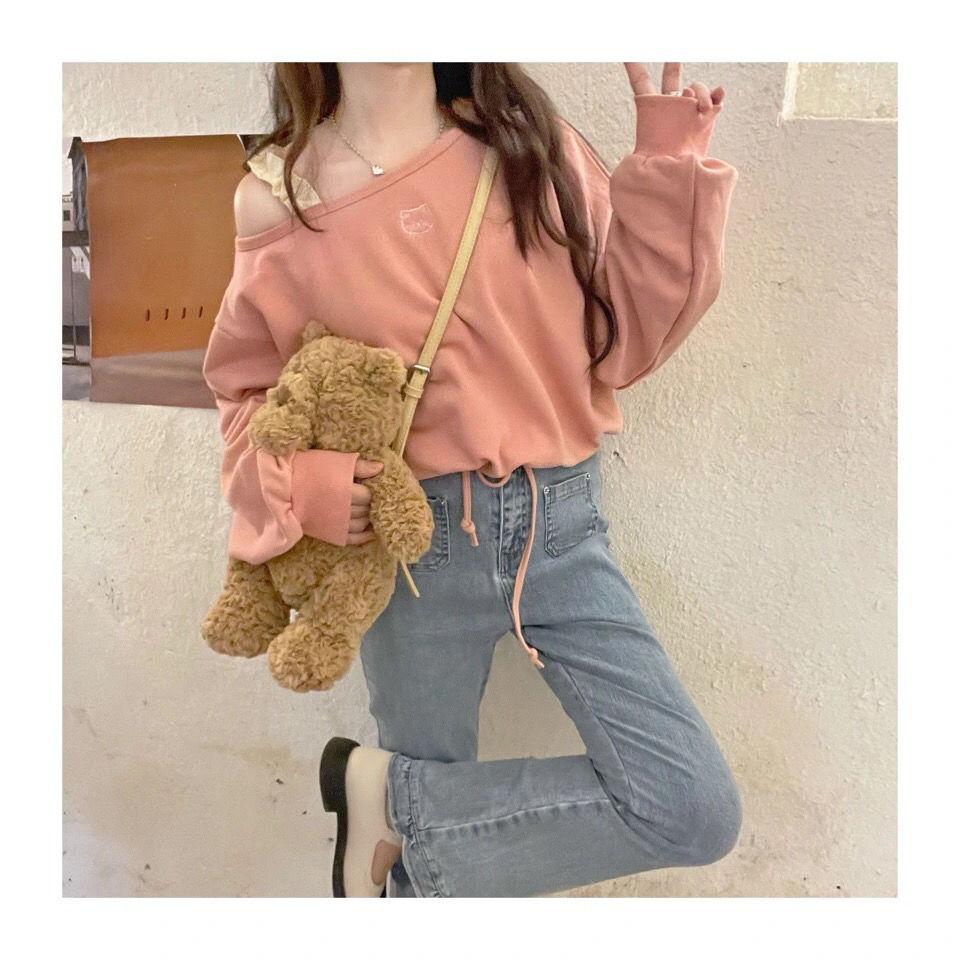 Süße Rosa Cropped Hoodies Y2k Kleidung Damen Katzenstickerei Schulterfrei Locker Kordelzug Rundhals Sweatshirt