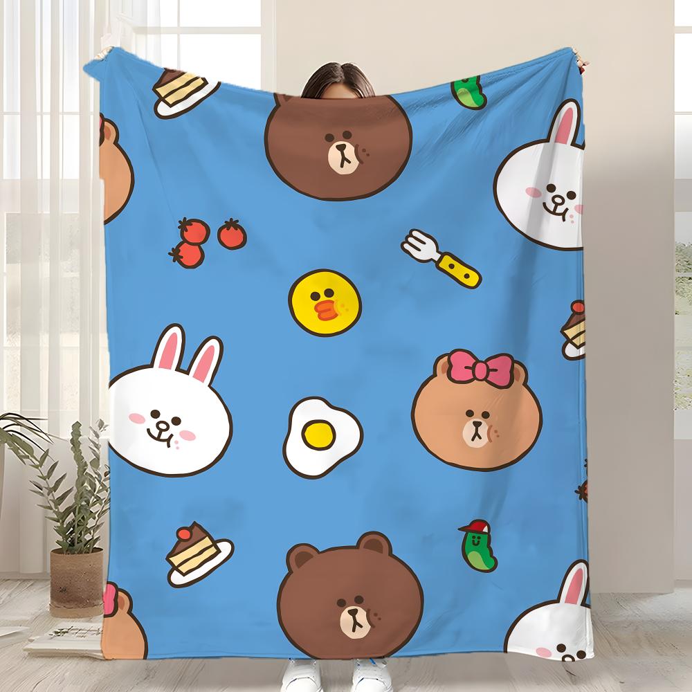 

B-Brown Bear and C-Cony Throw Kid-Friendly Flannel Throw Blanket Soft Warm Anti-Static Washable All Season 75x90cm
