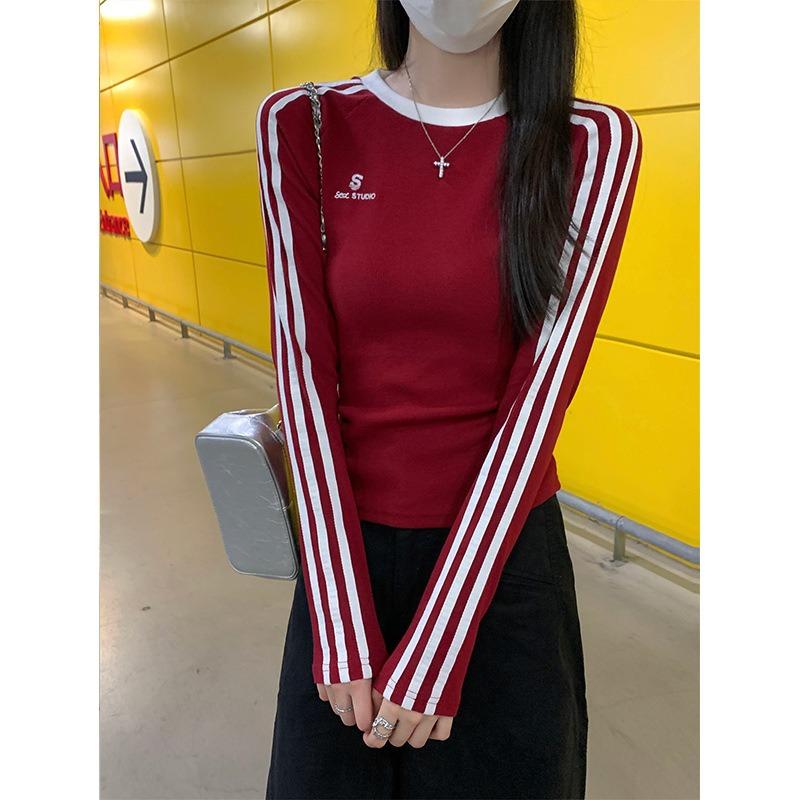Burgundy bar design bottoming shirt women's spring slim-fitting and thin Spice girl embroidered long-sleeved shirt top