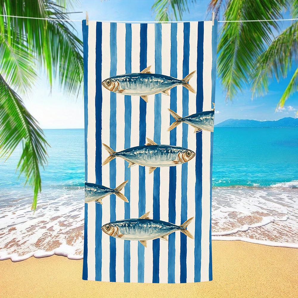 Striped Sardine Fish Print Beach Towel Lightweight Quick Dry for Summer Beach Swim Camping Poolside Daily Use