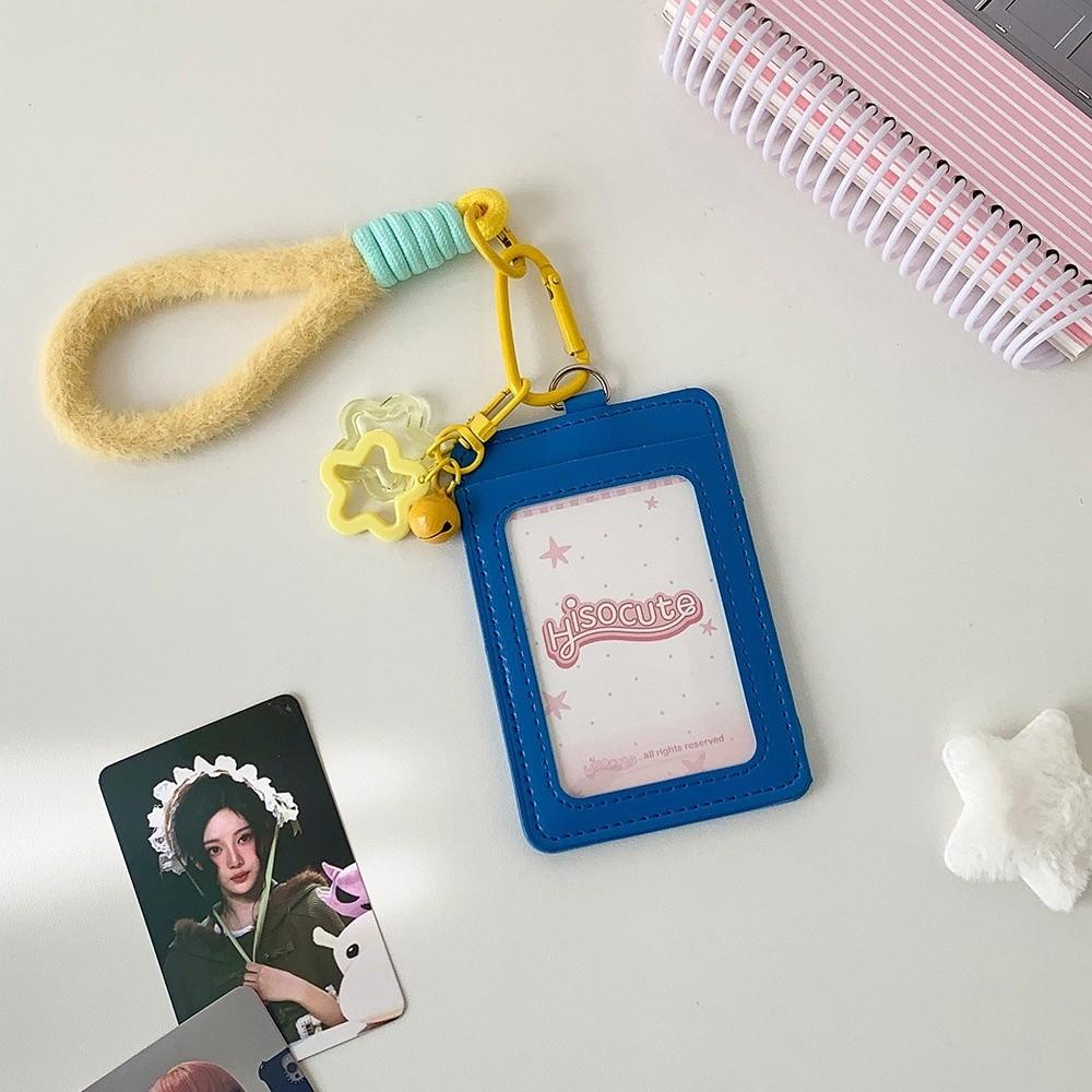 Korean PU Leather Card Holder Double Card Slot with Lanyard ID Card Card Holder Card Bag синий