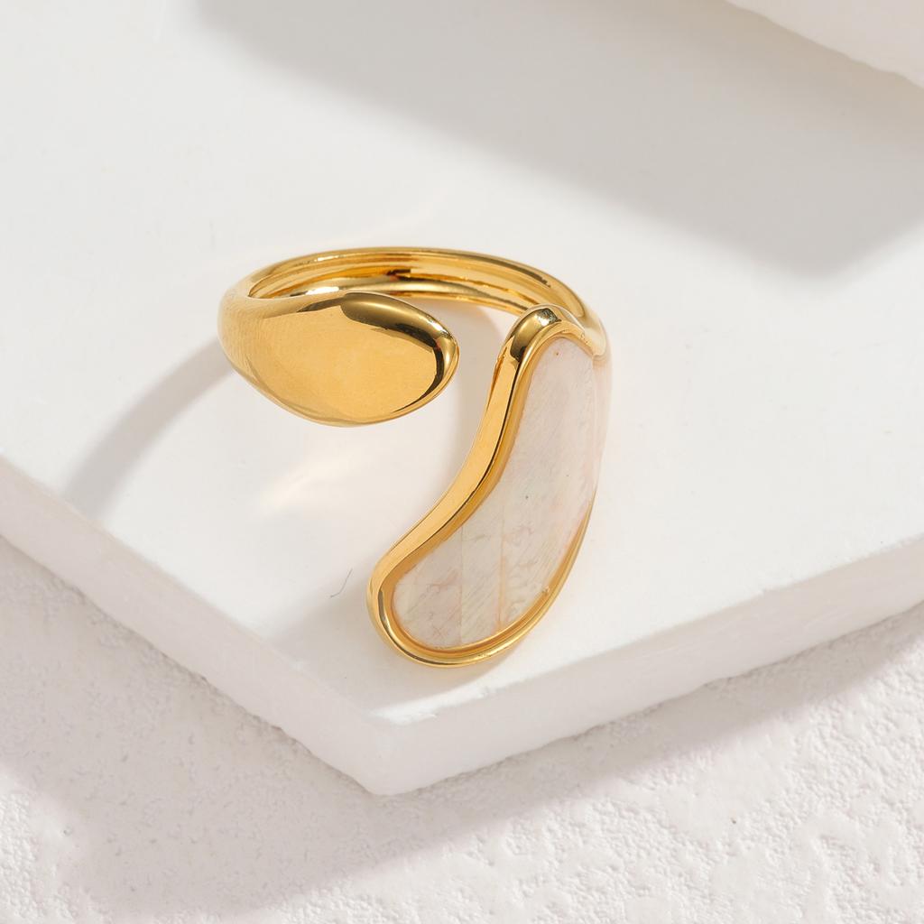 Stainless Steel Vintage Irregular Geometric Rings for Women Statement Retro Inlaid Shell Adjustable Open Ring Daily Jewelry Gift