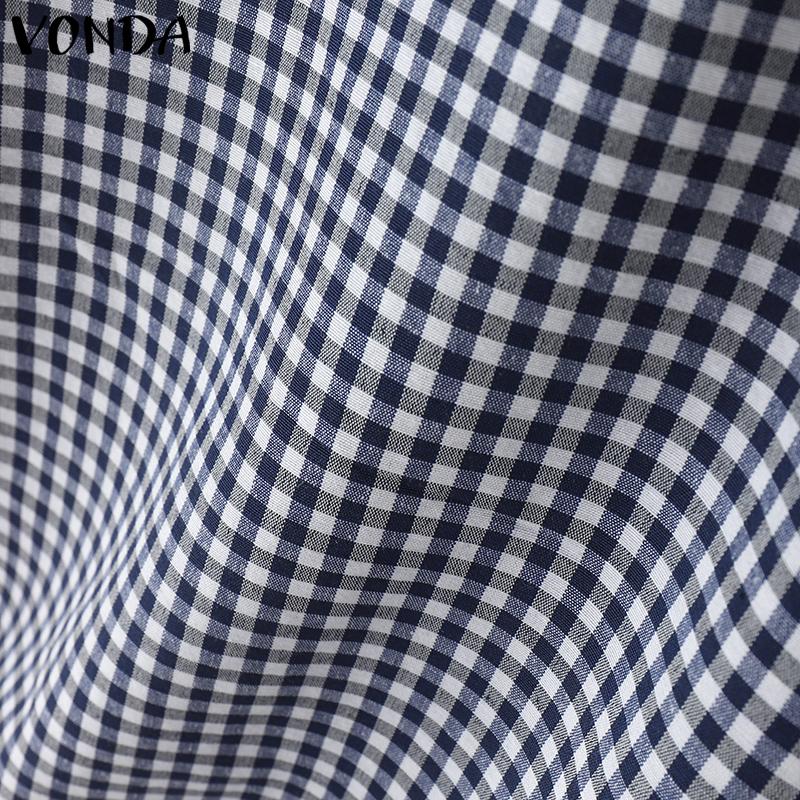 VONDA Summer Women Square Collar Plaid Lace Hem Patchwork Puff Sleeve T-shirts