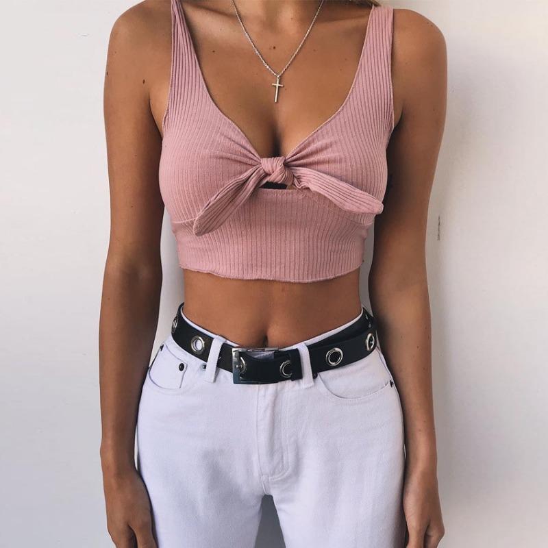 Seksowny krótki pasek z kokardą Y2K Tanks kamizelka dla kobiet lato bez rękawów elegancki Slim Fit krótkie podkoszulki damskie jednolity biurowy top damski Camis 24101