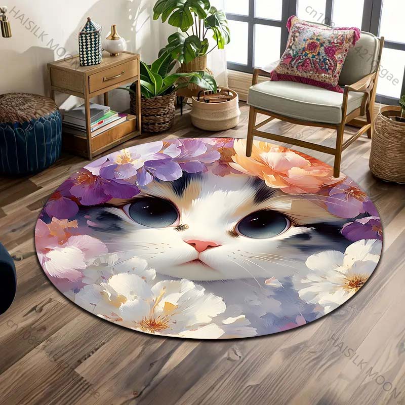 Multiple sizes Cats in the flower bushes Print Round Carpet Living Room Bedroom Table Chair Sofa Decorative Carpet