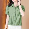 Top da Donna Estivo a Maniche Corte Casual in Cotone e Lino, Colore Unito, con Bottoni