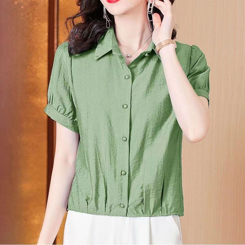 Top da Donna Estivo a Maniche Corte Casual in Cotone e Lino, Colore Unito, con Bottoni