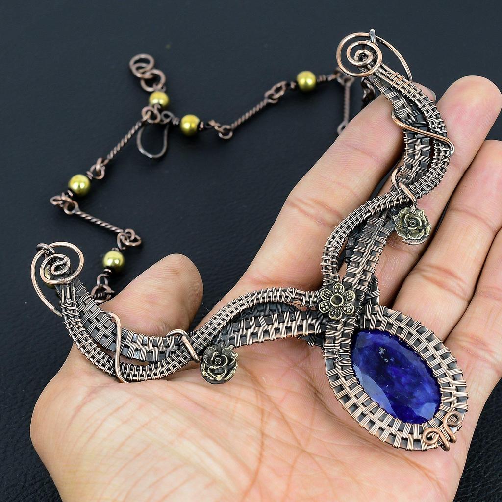 Blue Sapphire Necklace, Handmade Gemstone Necklace, 925 Solid Sterling Silver Necklace Antique Jewelry, For Engagement Gift