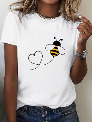 Damen Lässiges Sportliches T-Shirt mit Niedlichem Bienen- & Herz-Design Harajuku Ärmel Lässige Kleidung Street Tops T-Shirts Ästhetische Kleidung