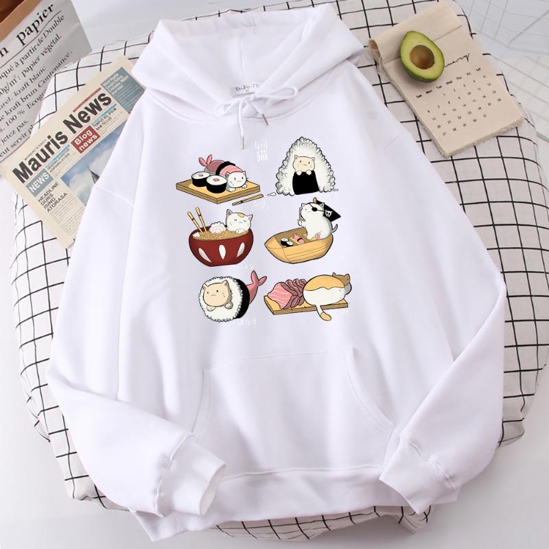 Food Cute Cat Sushi Printed Hoodie Mens Autumn Fleece Oversize Hoody Hip Hop Loose Sweatshirt Soft Oversize  Clothes Tops