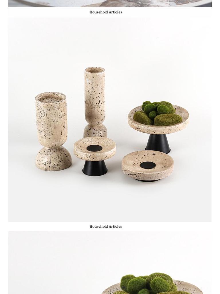Wabi-Sabi High-Footed Round Fruit Plate - Light Luxury Yellow Travertine Style Decorative Tray