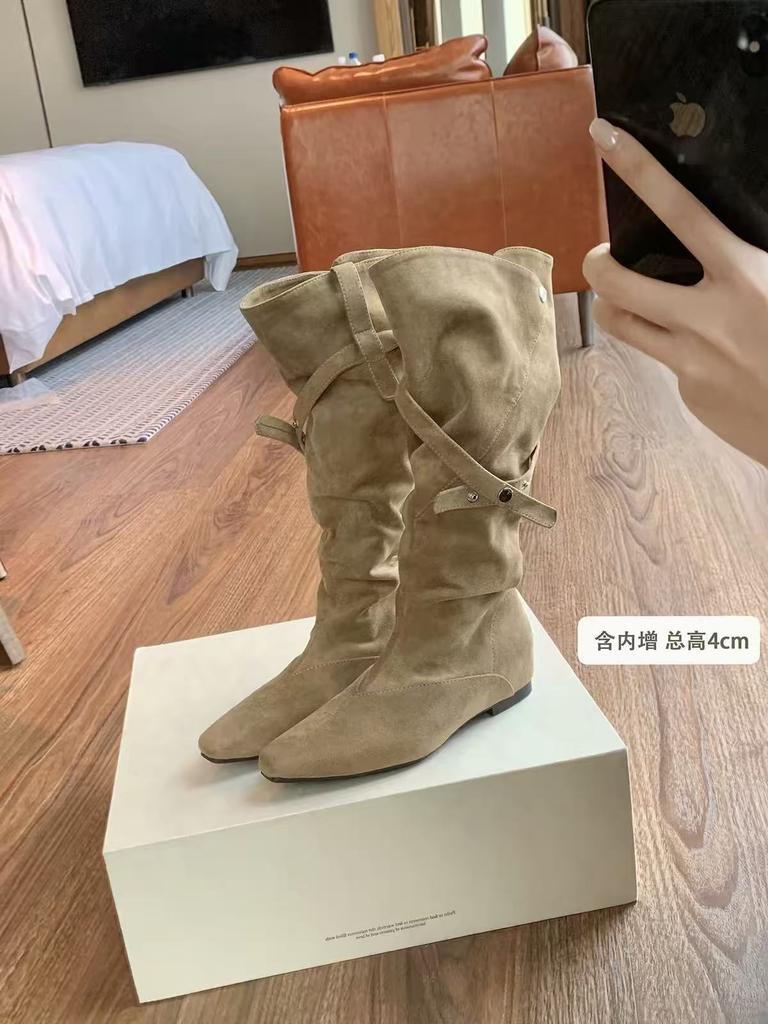Western cowboy boots pointed niche button two wear new medium boots design stack with suede V retro