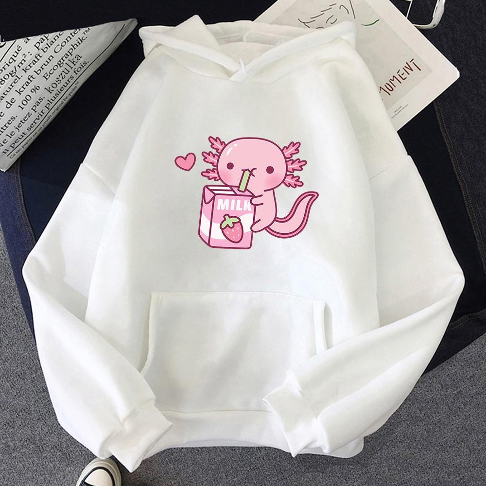 Anime Axolotl Loves Strawberry Milk Doodle Hoodie Kawaii Hoodies Winter Women Spring/Autumn Unisex Sweatshirt Harajuku Sudaderas