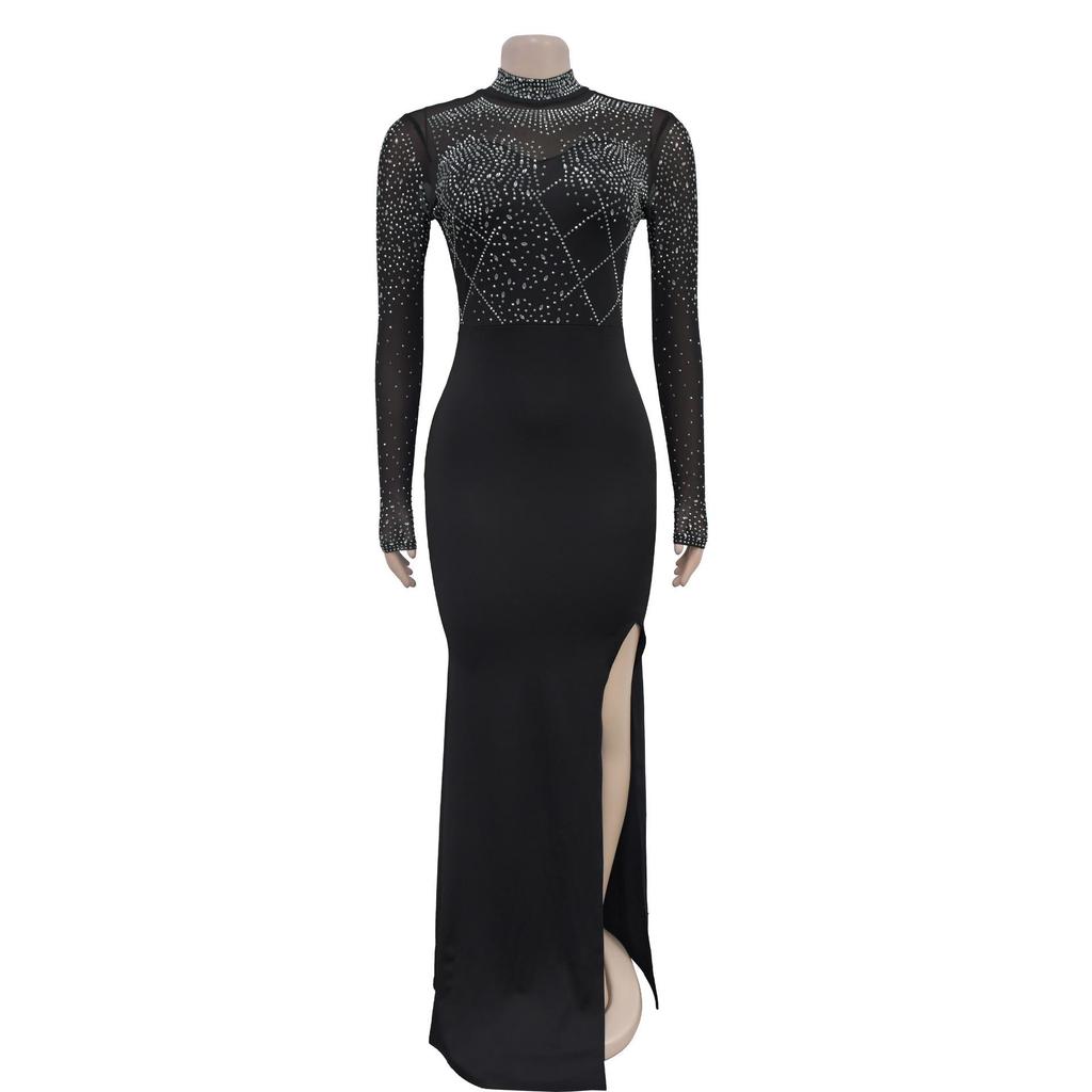 C7045 European & American Fashion Rhinestone Slit Long Dress for Women.