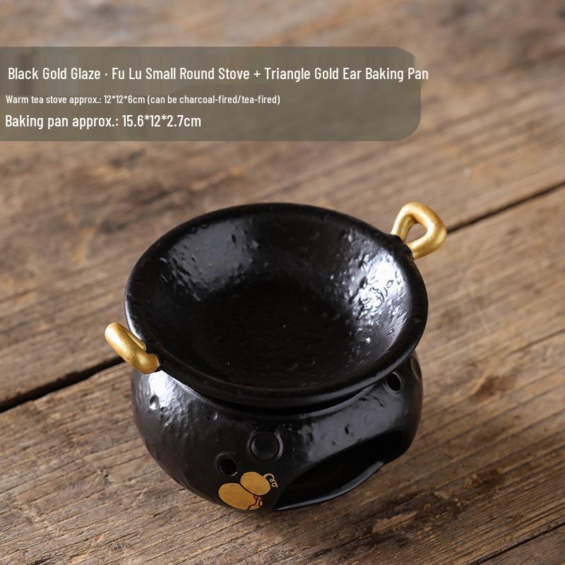 Black Gold Glaze Fu Lu Ceramic Tea Roaster with Triangle Handle Pan