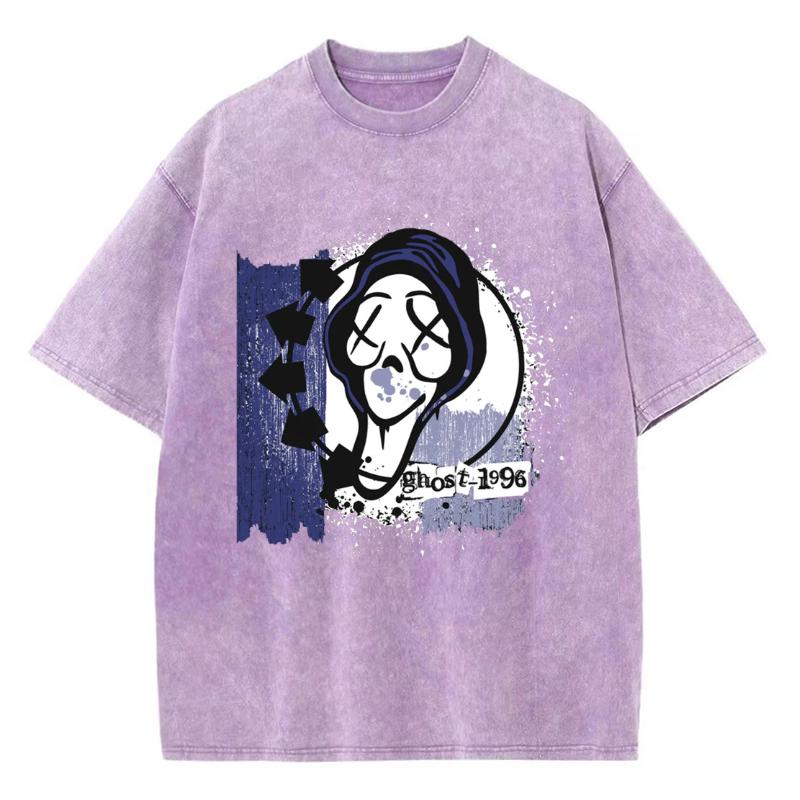 Ghost Cartoon Print Women's T-Shirt Cotton Short-Sleeved Washed Denim Fabric Oversized Funny Casual Top Everyday Wear Simple