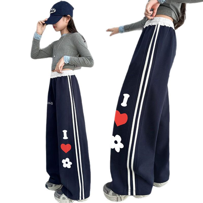 Girls' 2025 Autumn Fleece-Lined Wide-Leg Heart Sweatpants - Medium & Large Sizes