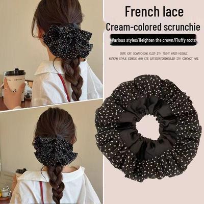 Korean-Style Extra Large Polka Dot Satin Scrunchie with Ruffle Hem - Women's High-End Elastic Hair Accessory
