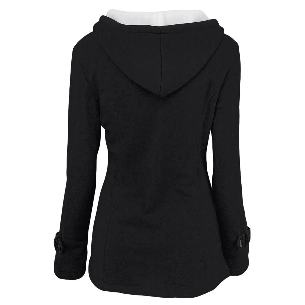 Women's Solid Color Long Sleeved Hooded Cow Horn Buttoned Jacket Jacket