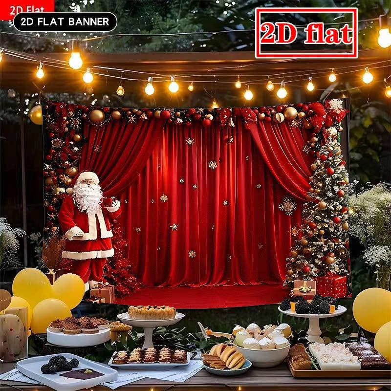 2D Christmas Red Curtain Backdrop Santa & Tree Party Photography Background