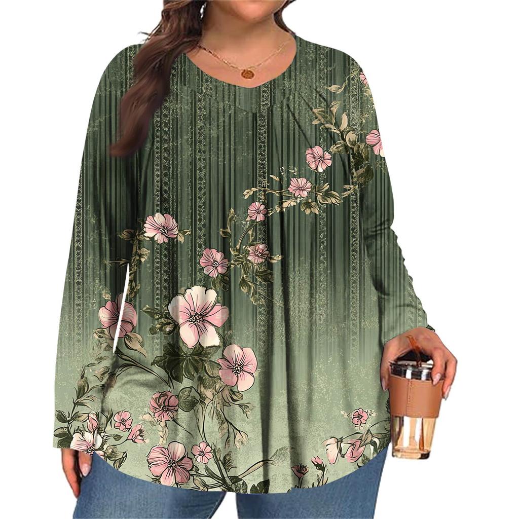 Dámská móda plus size Tištěný ležérní plisovaný top s kulatým výstřihem a dlouhým rukávem