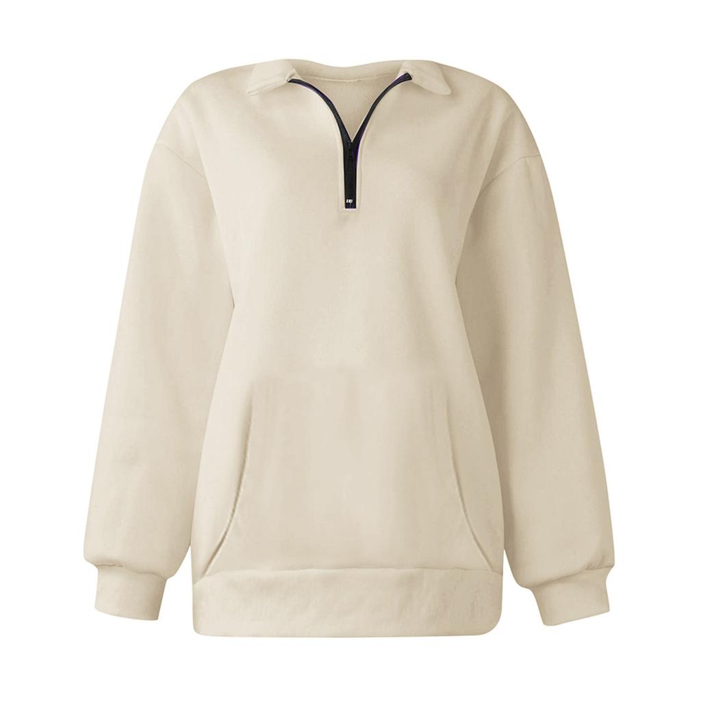 Women's Casual Fashion Long Sleeve Solid Color Zipper Pocket Sweatshirt Top