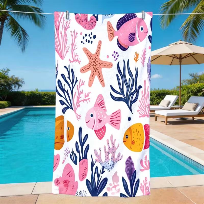Hand Drawn Coral Beach Towel Quick Dry Sand Free Cute Towel Tropical Ocean Theme for Beach Pool Spa Travel
