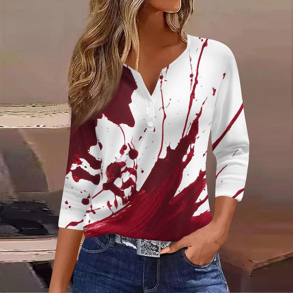Damen Lässige Mode V-Ausschnitt Locker Vielseitig Halloween-Print Dreiviertelarm Oberteil