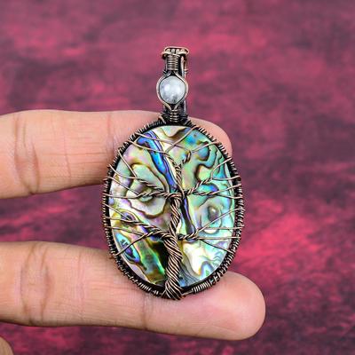 Tree Of Life Abalone Shell Pendant Copper Wire Wrapped Rainbow Moonstone Jewelry