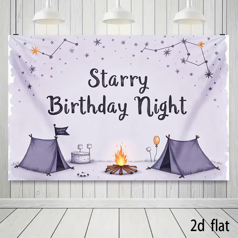 2D Lavendel Sternen Camping Geburtstag Hintergrund, Lagerfeuer Zelt Foto Hintergrund