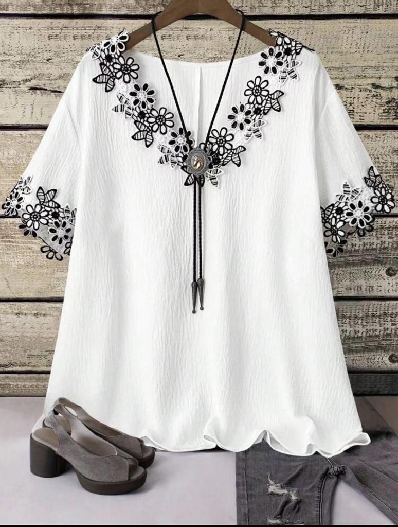 2026 European Plus Size Women's Summer Lace Patchwork Short Sleeve Shirt