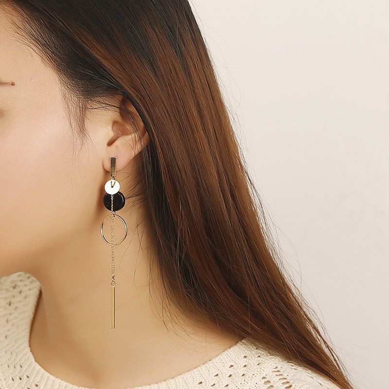 Black Round Hanging Earrings for Women Gold Color Link Tassel Earrings Bohemian Dangle Earrings Korean Fashion Ear Jewelry
