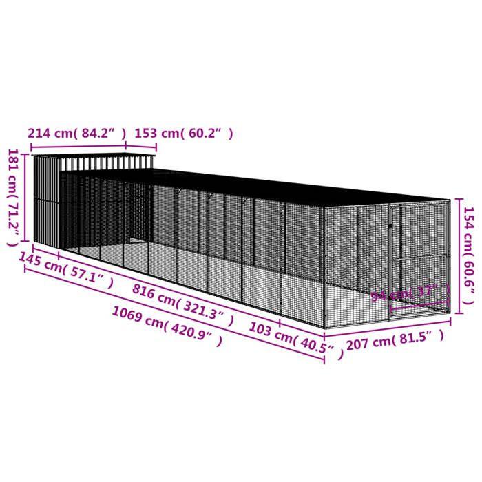 VidaXL Niche pour chien avec cour anthracite 214x1069x181 cm, cage pour chien, abri pour chien, maison pour animaux, cages 3189135