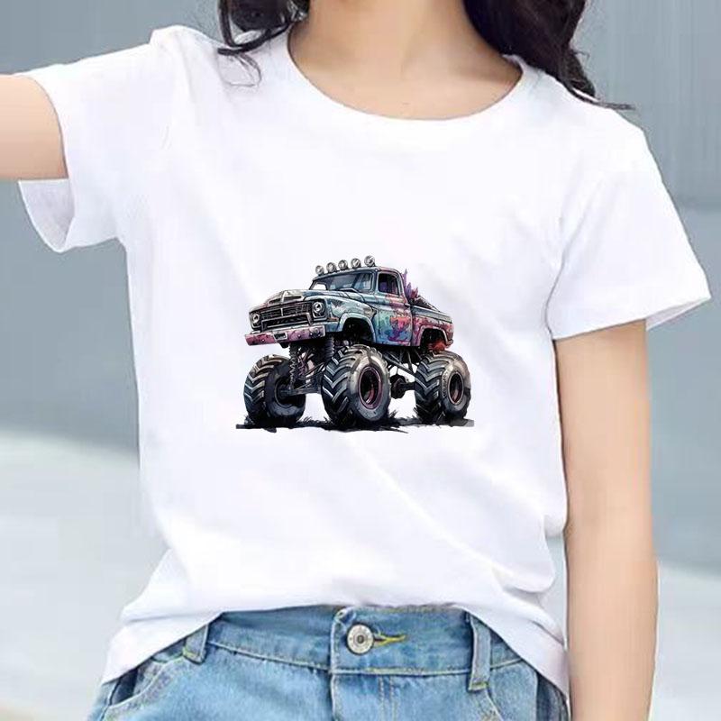 Kids Cotton T Shirt Cool Cartoon Offroad Vehicle Print Crew Neck Short Sleeve Tee Casual Boys Girls Summer Tops