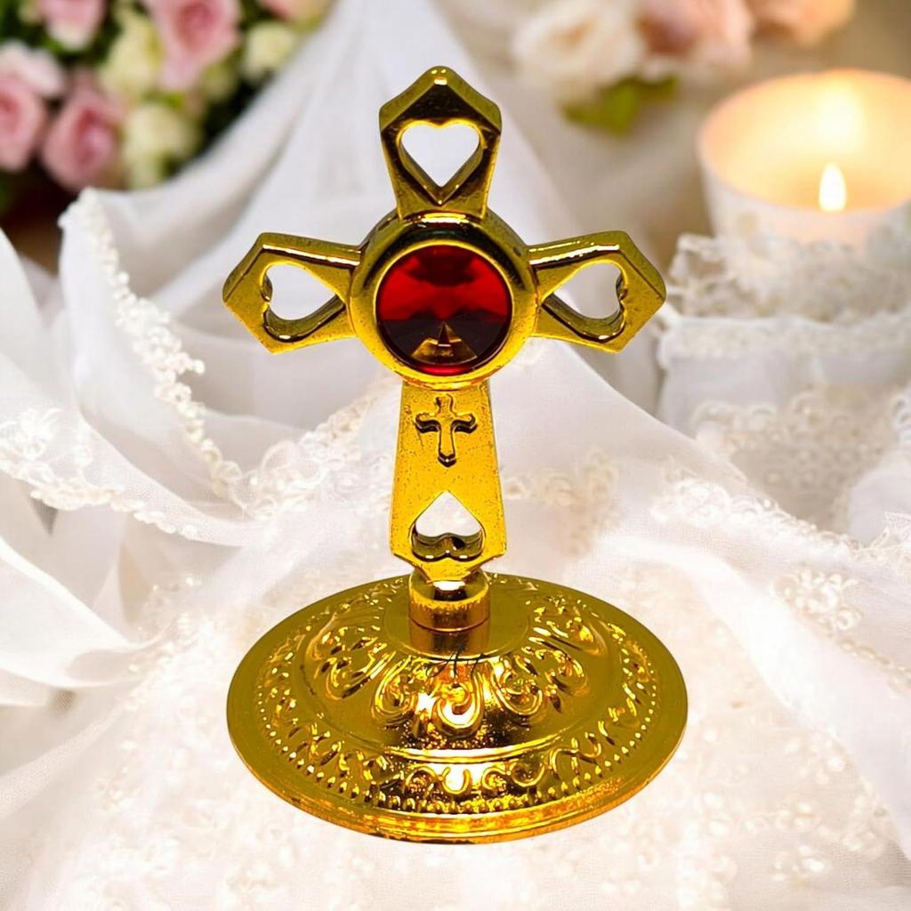Metal Jesus Cross Idol Golden Double Sided Decorated Showpiece for Car Dashboard/Home Decor/Living Room (7.5cm)